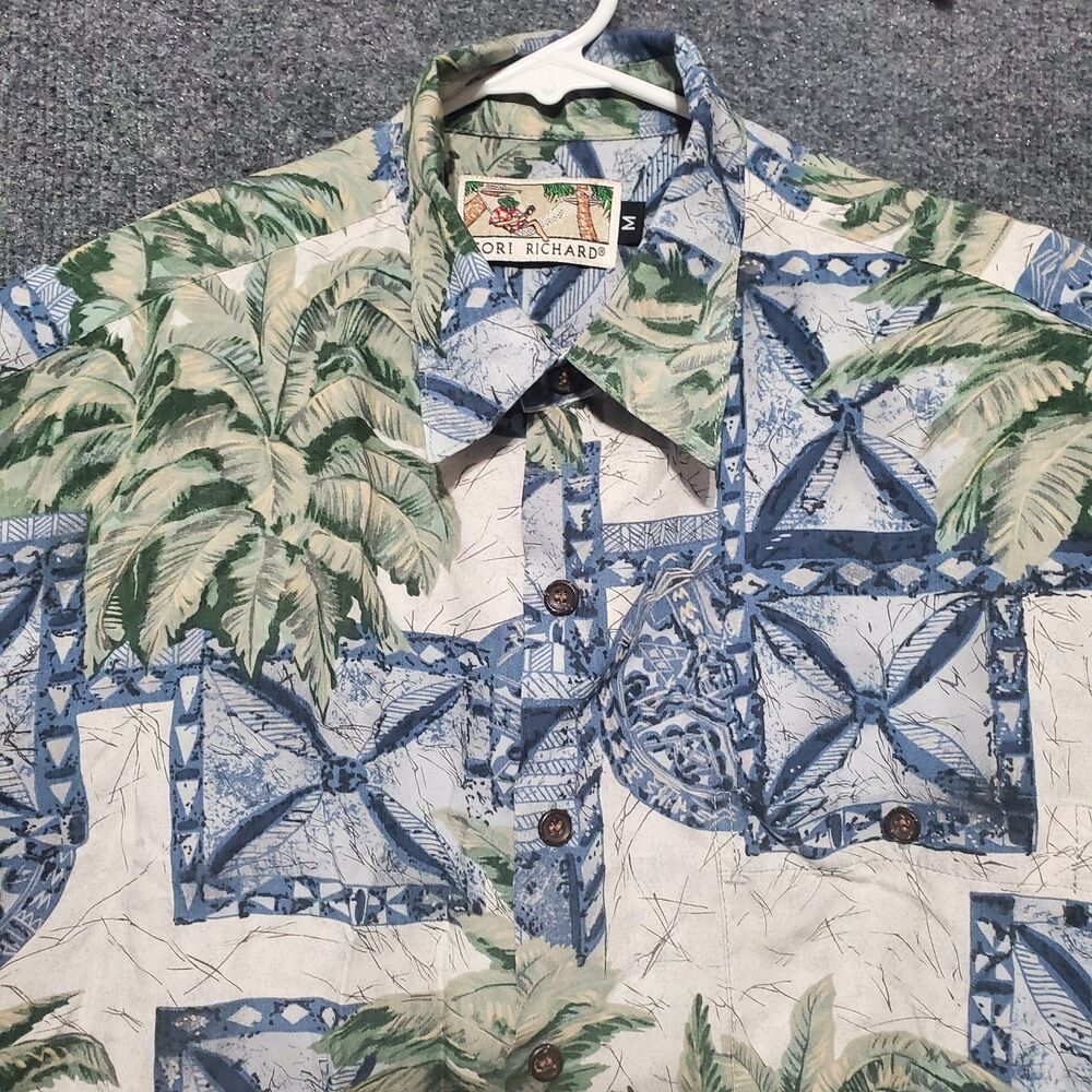 VTG Tori Richard Shirt Mens Medium Blue Green USA Palm Leaf All Over Print 90s